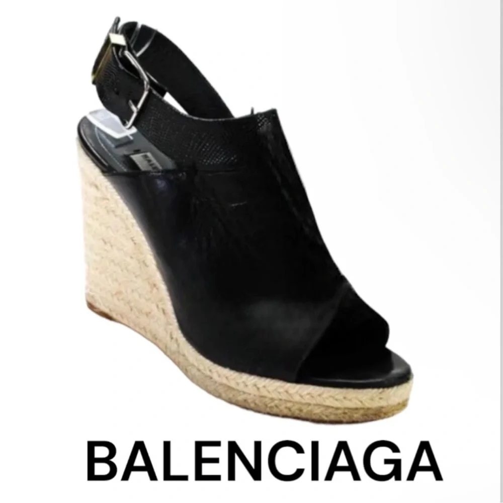 Authentic Balenciaga luxury designer black leather wedges sandals espadrilles 9